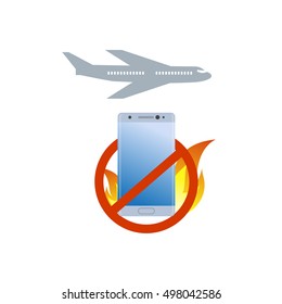 No burning smartphone on board icon. Bad quiality cell phone. Airplane prohibition sign. 