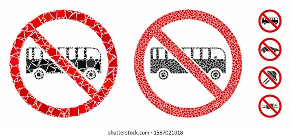 No bus composition of raggy pieces in various sizes and color tones, based on no bus icon. Vector trembly pieces are united into collage. No bus icons collage with dotted pattern.