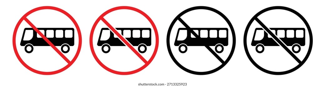 Vector de señal de tráfico sin entrada de autobús: icono de vehículo prohibido plano con símbolo de círculo rojo, Ilustración vectorial.