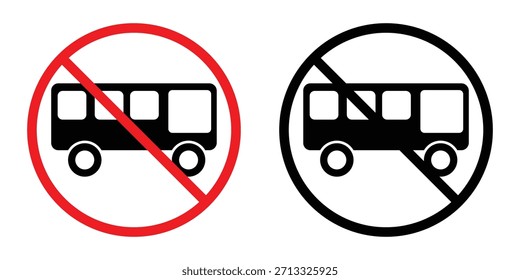 Vector de señal de tráfico sin entrada de autobús: icono de vehículo prohibido plano con símbolo de círculo rojo, Ilustración vectorial.