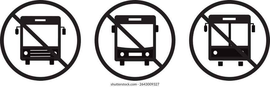 No hay conjunto de iconos de bus. Señal prohibida, sin autobús, símbolo de señal prohibida de estacionamiento, íconos de autobús de transporte, Ilustración vectorial,