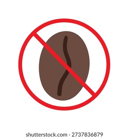 No Caffeine Icon. Red Circle with Crossed Out Coffee Bean. Flat Hand Drawn Vector Symbol Illustration on White Background.