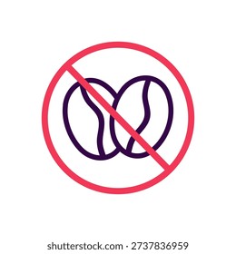 No Caffeine Icon. Red Circle with Crossed Out Coffee Beans. Outline Vector Symbol Design on White Background..