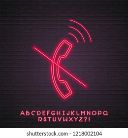 No Call Icon Neon Light Glowing Vector Illustration with Alphabet Neon Light