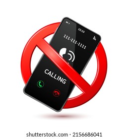 No calling mobile phone with prohibition sign red isolated on white background. Don't use mobile while driving a car. Icon 3D vector Illustration.