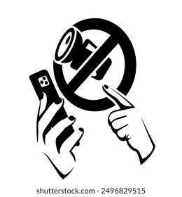 No hay icono negro de la cámara. Video Firma que prohíbe el uso de Fotos. No hagas fotos. Video Prohibición del uso del teléfono para grabar. Diseño plano de Ilustración vectorial. Aislado sobre fondo blanco.