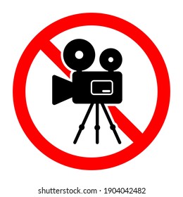 No camera icon. Camera ban icon. Camcorder is prohibited. Stop or ban red round sign with video camera icon. Vector illustration.