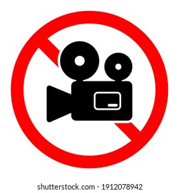 No camera icon. Camera ban icon. Camcorder is prohibited. Stop or ban red round sign with video camera icon. Vector illustration.