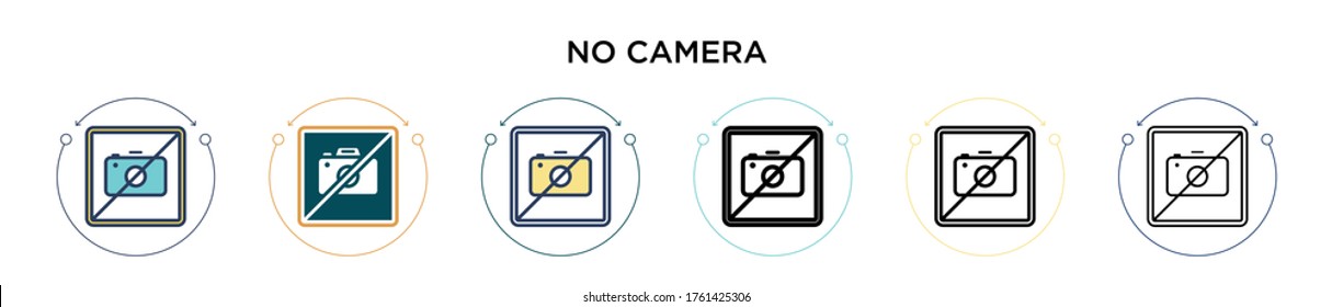No hay ningún icono de cámara en el estilo de línea fina, contorno y trazo. Ilustración vectorial de dos colores y negro sin imágenes vectoriales de cámara se pueden utilizar para móviles, ui, web