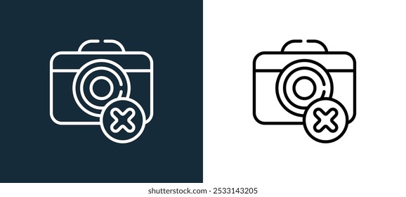 no camera icon isolated on white and black colors. no camera outline linear vector icon from wayfinding collection for mobile apps, web and ui.