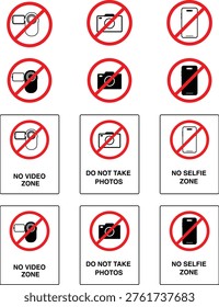 No camera icon. Prohibited photography and video recording devices symbol. Warning signs for forbidden media use.