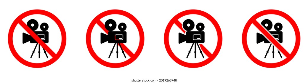 No camera icons set. Camera ban icon. Camcorder is prohibited. Stop or ban red round sign with video camera icon. Vector illustration.