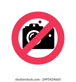 No camera. Not photography sign. Red symbol, camera prohibited. Vector illustration flat design. Isolated on white background.