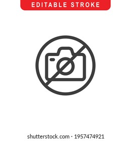 No Camera Outline Icon. No Camera Line Art Logo. Vector Illustration. Isolated on White Background. Editable Stroke
