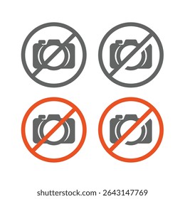 No camera prohibition sign set. No photographing and shooting not allowed vector icon.
