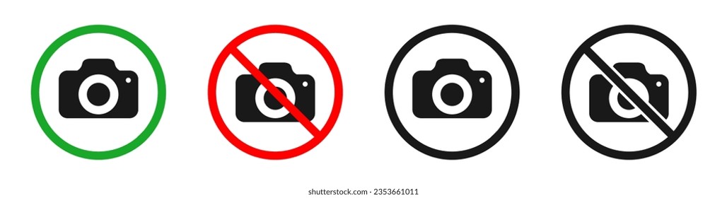 No camera, no shooting sign. Allowed camera, allowed shooting. recording area Printable stickers. Vector. Isolated on white background.