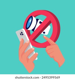 No camera. Sign prohibiting the use of video and photos. Don't photo. Prohibition of the use of the phone for video recording. Vector illustration flat design. Isolated on white background.