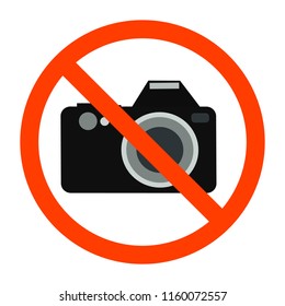 No camera sign. Red forbidden sign with photo camera behind it. Photography not allowed emblem. Isolated flat vector illustration