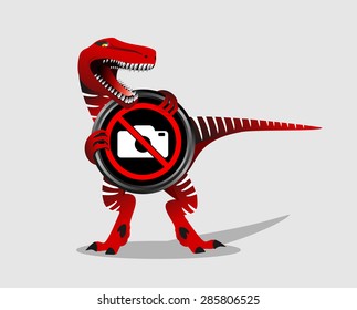 No camera symbol with dinosaur. Camera attention sign. T-rex. Camera prohibition.
