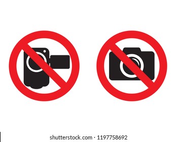 No camera and video red prohibition signs. Taking pictures and recording not allowed. No photographing sign. No video camera sign.