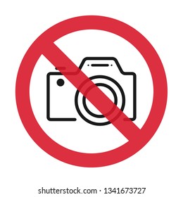 No cameras allowed sign. Flat icon in red crossed out circle. Vector illustration .