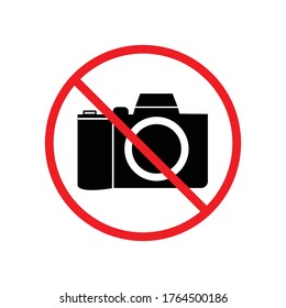 NO CAMERAS ALLOWED sign. Flat icon in red crossed out circle. Vector.