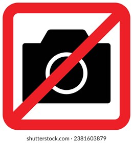 No cameras allowed sign, no photographing or photography, prohibition sign in red color vector symbol. Crossed out square illustration, no taking pictures or video graphic design isolated on white.