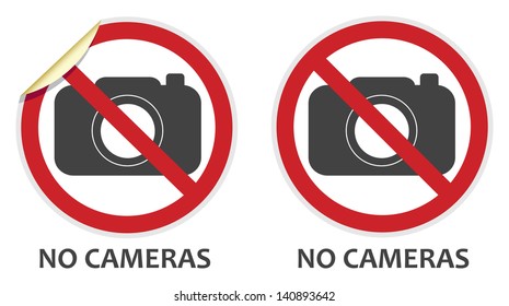 No cameras or photography signs in two vector styles depicting banned activities