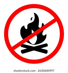 No campfires prohibited sign, no fire forbidden modern round sticker, vector illustration.
