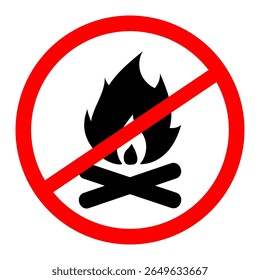 No campfires prohibited sign, no fire forbidden modern round sticker, vector illustration.