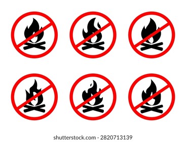 No campfires prohibited sign, no fire forbidden modern round sticker, vector illustration.
