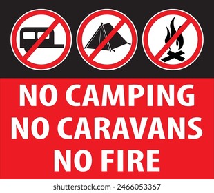 No camping allowed in this area, Camping prohibited, Dangerous area for camping sign notice vector