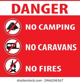No se permite acampar en esta zona, Camping prohibido, Zona peligrosa para acampar cartel aviso Vector