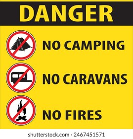 No camping allowed in this area, Camping prohibited, Dangerous area for camping sign notice vector