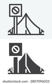 No camping icon set in line, outline and solid styles. Editable stroke vector sign and symbol with prohibition post and tent. No camping icon for restriction and warning use.