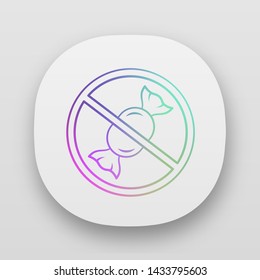 No candies prohibition app icon. Sugar free product. Diabetic diet. UI/UX user interface. Confectionery and sweets consuming refuse. Web or mobile application. Vector isolated illustration