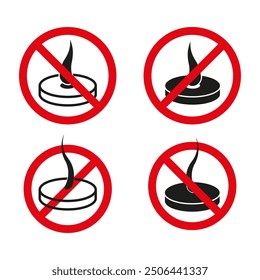 No candle lighting symbol. Burning flame crossed. Prohibited fire icon. Vector warning sign.