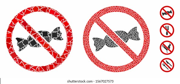 No candy mosaic of tuberous items in variable sizes and shades, based on no candy icon. Vector bumpy items are combined into collage. No candy icons collage with dotted pattern.