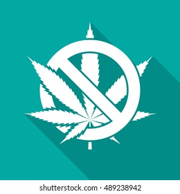 No cannabis leaf icon with long shadow. Flat design style. Round icon. No marijuana silhouette. Simple circle icon. Modern flat icon in stylish colors. Web site page and mobile app design element.