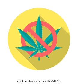 No cannabis leaf icon with long shadow. Flat design style. Round icon. No marijuana silhouette. Simple circle icon. Modern flat icon in stylish colors. Web site page and mobile app design element.