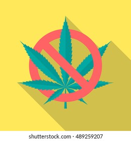 No cannabis leaf icon with long shadow. Flat design style. No marijuana silhouette. Simple icon. Modern flat icon in stylish colors. Web site page and mobile app design vector element.