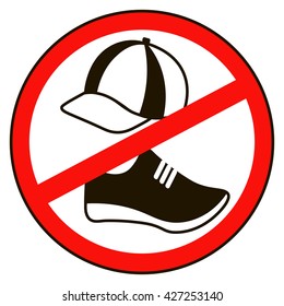 No cap shoes sign warning. Prohibited public information icon. Not allowed cap  and shoe symbol.cap and shoe in red round isolated on white background.