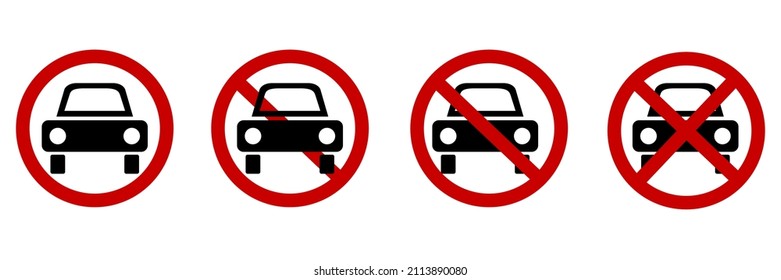 No hay ningún icono de coche. Signo del vehículo. Círculo rojo. Símbolo prohibido. Elemento Road. Diseño plano. Ilustración vectorial. Imagen de archivo. 