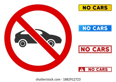 No Car sign with texts in rectangular frames. Illustration style is a flat iconic symbol inside red crossed circle on a white background. Simple No Car vector sign, designed for rules, restrictions,
