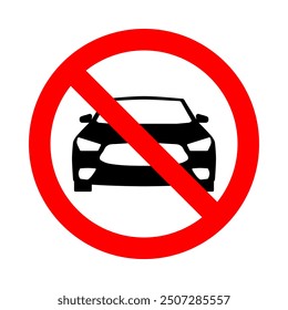 no car zone, sedan front view silhouette in red circle pictogram, round vector icon