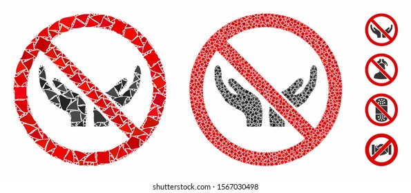 No care hands mosaic of bumpy parts in different sizes and color tints, based on no care hands icon. Vector inequal parts are combined into collage. No care hands icons collage with dotted pattern.