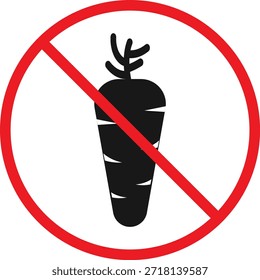 No hay conjunto de iconos de zanahoria . Símbolos de prohibición de verduras. Gráfico prohibido de zanahoria. Restricción de alimentos y signos de alergia. Signo de salud y nutrición
