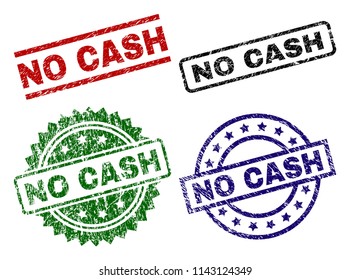 NO CASH seal prints with distress texture. Black, green,red,blue vector rubber prints of NO CASH text with dirty texture. Rubber seals with round, rectangle, medallion shapes.