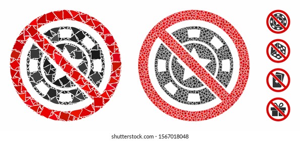 No casino mosaic of raggy parts in different sizes and color tints, based on no casino icon. Vector humpy parts are united into mosaic. No casino icons collage with dotted pattern.