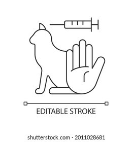 No cat testing linear icon. Prevent drug injection. Stop experiments on animal. Avoid chemicals. Thin line customizable illustration. Contour symbol. Vector isolated outline drawing. Editable stroke